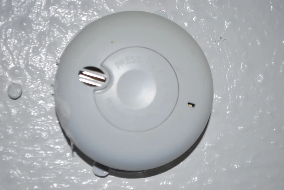 A ceiling-mounted domestic smoke alarm